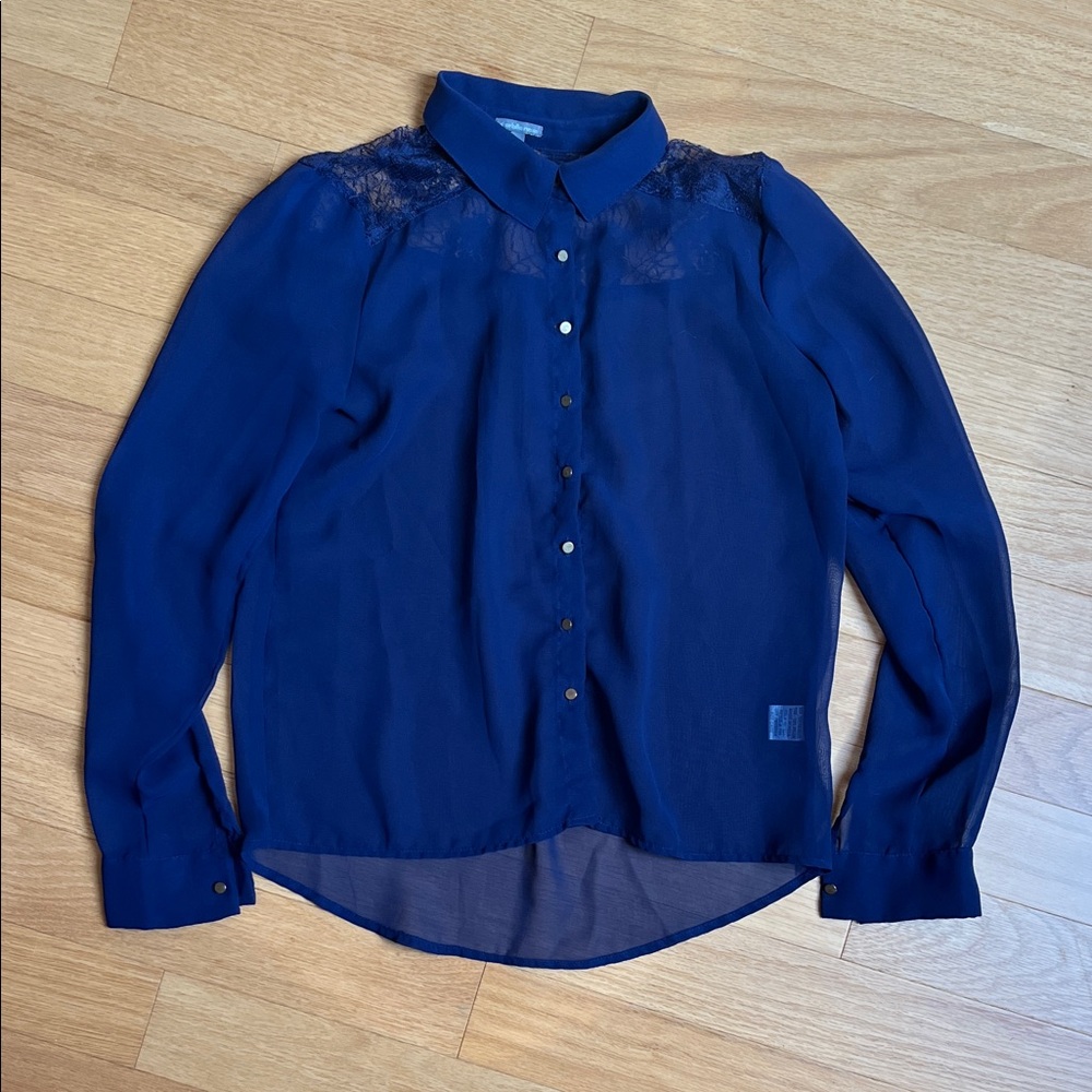Charlotte Russe Deep Blue Sheer Button Down Blouse